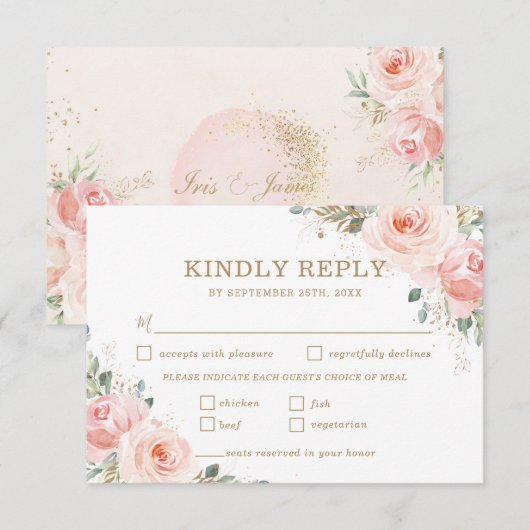 Elegant Chic Blush Roses Floral Wedding Meal RSVP Kaartje (Voorkant / Achterkant)