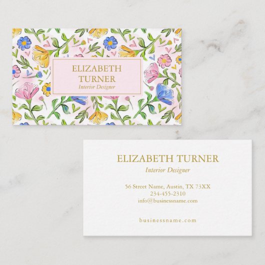 Elegant Chic Blush Roze Geel Blauw Bloemen Patroon Visitekaartje (Voorkant / Achterkant)
