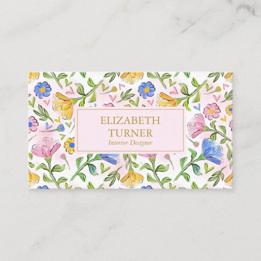 Elegant Chic Blush Roze Geel Blauw Bloemen Patroon Visitekaartje (Voorkant)