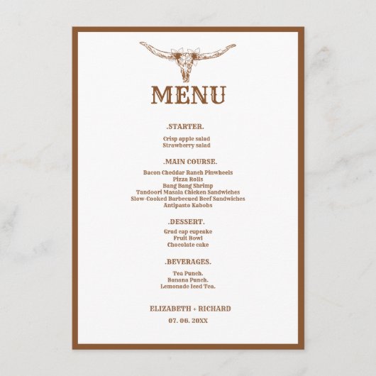 Elegant & Chic Boho Western Cowboy Bruiloft Menu (Voorkant)