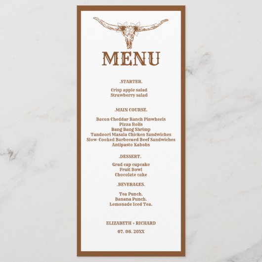 Elegant & Chic Boho Western Cowboy Bruiloft Menu (Voorkant)