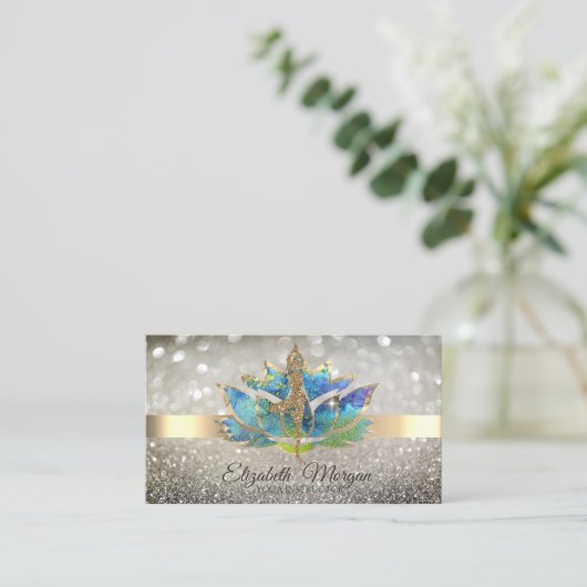 Elegant Chic Bokeh Gold, Blue Lotus Yoga Girl Visitekaartje (Staand voorkant)