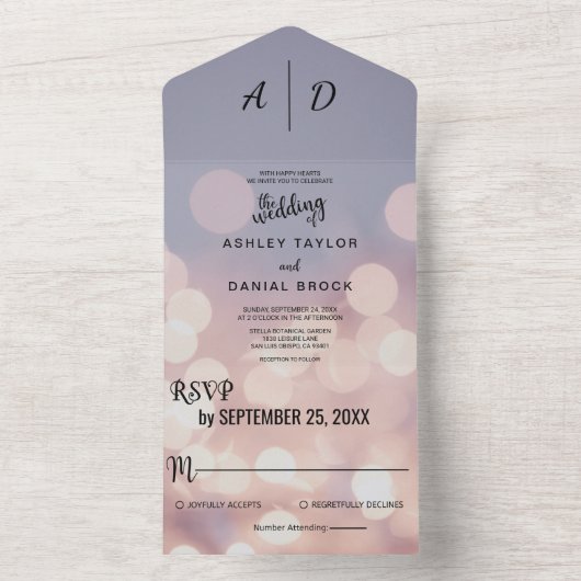 Elegant chic bokeh licht de klastige weddenschap a all in one uitnodiging (Binnen)