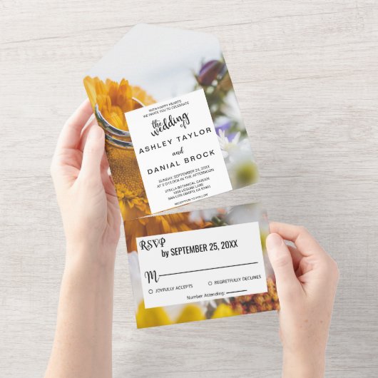 Elegant chic botanical sunflower floral Wedding Al All In One Uitnodiging (Afscheurbaar)
