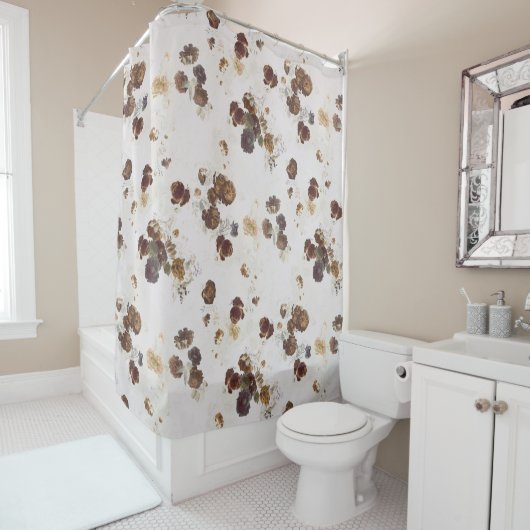 Elegant Chic Brown beige Rozen Floral Toile Douchegordijn (In situ)