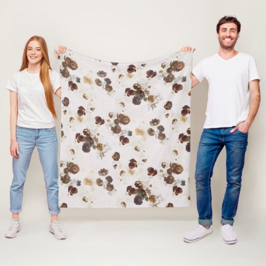 Elegant Chic Brown beige Rozen Floral Toile Fleece Deken (In situ)