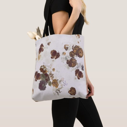 Elegant Chic Brown beige Rozen Floral Toile Tote Bag (Dichtbij)
