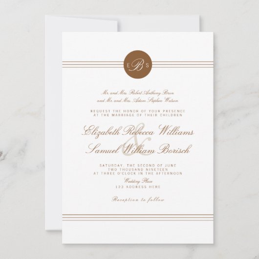 Elegant Chic Brown White Monogram Wedding Invite Kaart (Voorkant)