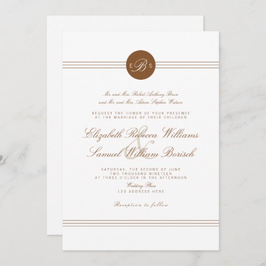 Elegant Chic Brown White Monogram Wedding Invite Kaart (Voorkant / Achterkant)