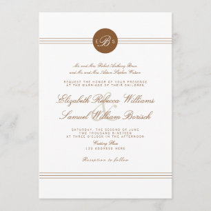 Elegant Chic Brown White Monogram Wedding Invite Kaart