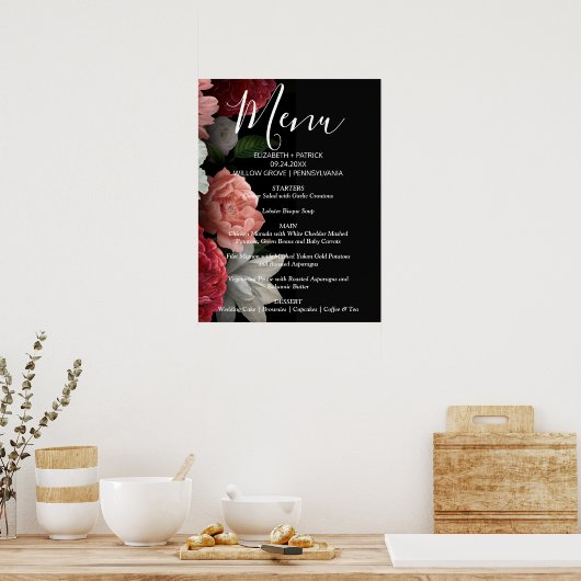 Elegant chic burgundy floral Menu Sign Poster (Keuken)