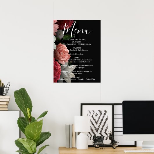 Elegant chic burgundy floral Menu Sign Poster (Thuiskantoor)