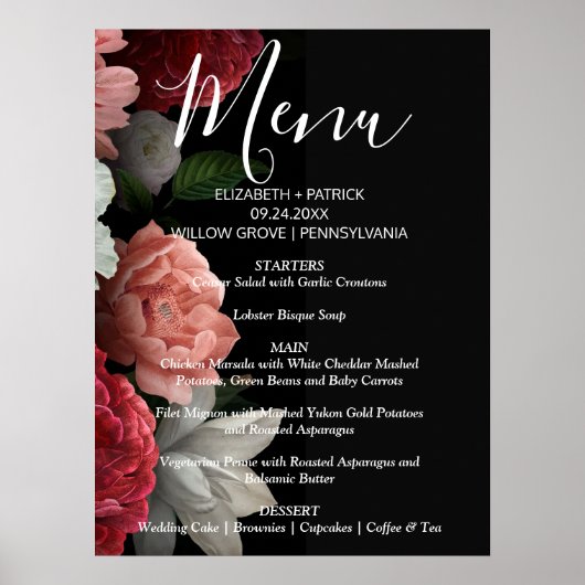 Elegant chic burgundy floral Menu Sign Poster (Voorkant)