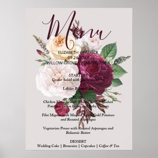 Elegant chic burgundy floral Menu Sign Poster (Voorkant)