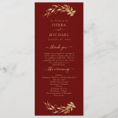 Elegant Chic Burgundy Gold Foliage Wedding Programmakaart (Voorkant)