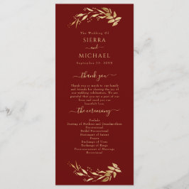 Elegant Chic Burgundy Gold Foliage Wedding Programmakaart