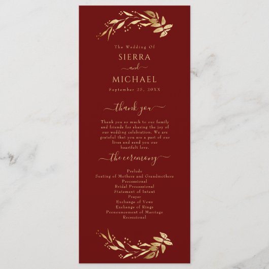Elegant Chic Burgundy Gold Foliage Wedding Programmakaart (Voorkant)