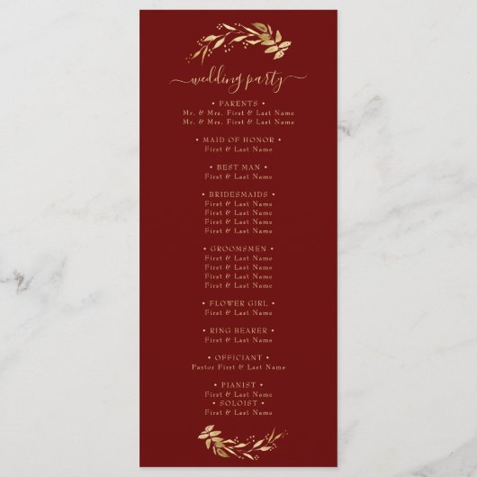 Elegant Chic Burgundy Gold Foliage Wedding Programmakaart (Achterkant)