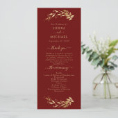 Elegant Chic Burgundy Gold Foliage Wedding Programmakaart (Staand voorkant)
