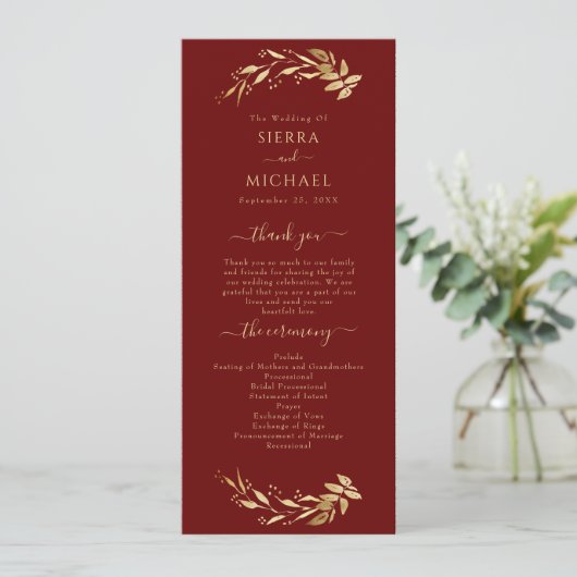 Elegant Chic Burgundy Gold Foliage Wedding Programmakaart (Staand voorkant)