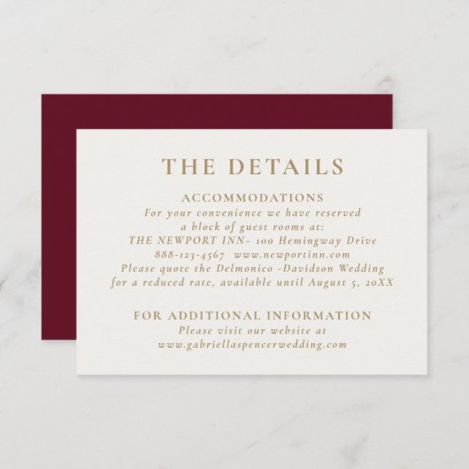 Elegant Chic Burgundy Gold Wedding Details Informatiekaartje (Voorkant / Achterkant)
