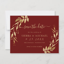 Elegant Chic Burgundy Golden Foliage Save the Date Kaart