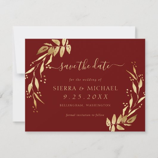 Elegant Chic Burgundy Golden Foliage Save the Date Kaart (Voorkant)