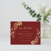 Elegant Chic Burgundy Golden Foliage Save the Date Kaart (Staand voorkant)