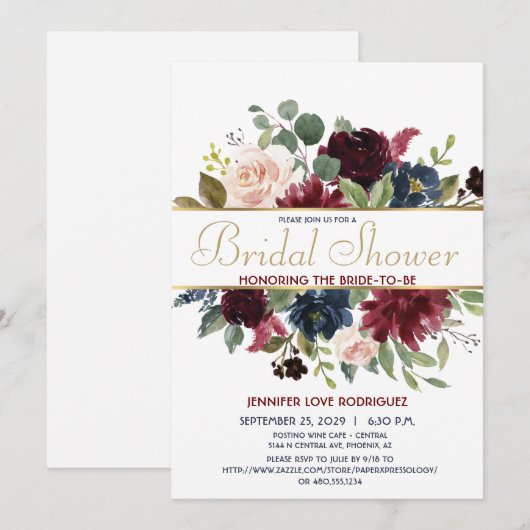 Elegant Chic Burgundy Navy Floral Blooms met goud Kaart (Voorkant / Achterkant)