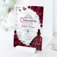 Elegant Chic Burgundy Roses Silver Quinceanera