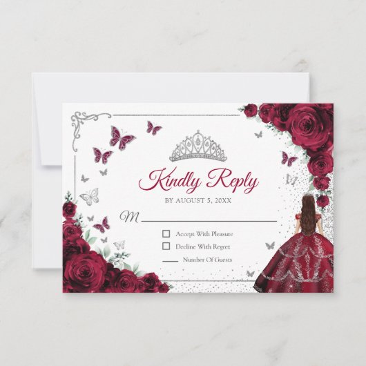 Elegant Chic Burgundy Silver Quinceanera Reply RSVP Kaartje (Voorkant)
