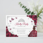 Elegant Chic Burgundy Silver Quinceanera Reply RSVP Kaartje (Staand voorkant)