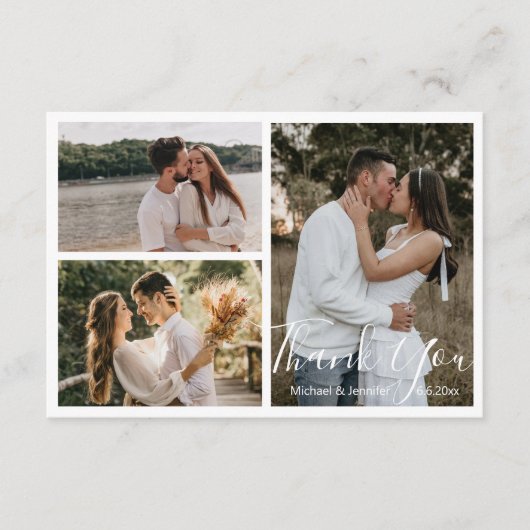 elegant chic calligraphy bruiloft 3 foto's collage bedankkaart (Voorkant)