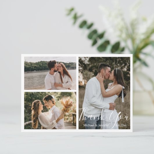 elegant chic calligraphy bruiloft 3 foto's collage bedankkaart (Staand voorkant)