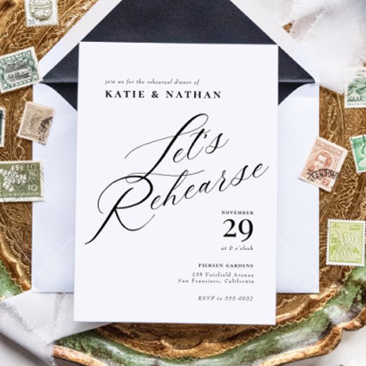 Elegant Chic Calligraphy Rehearsal Dinner Kaart