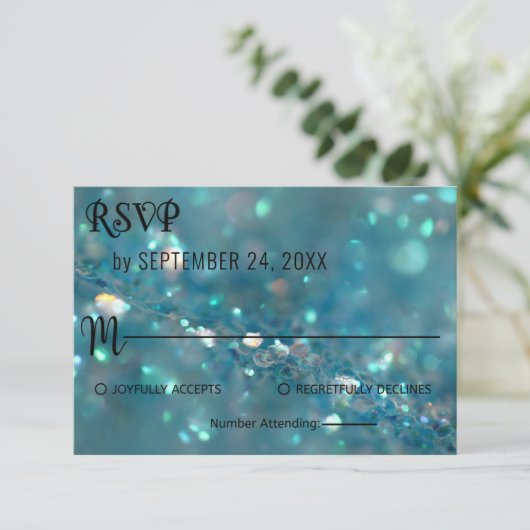 Elegant chic classy blue glitter Wedding RSVP Kaar (Staand voorkant)