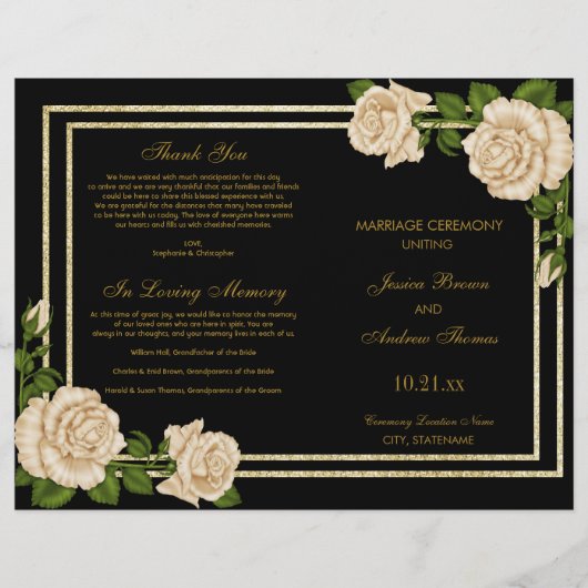 Elegant Chic Corner Ivory Rozen Wedding Programme (Voorkant)