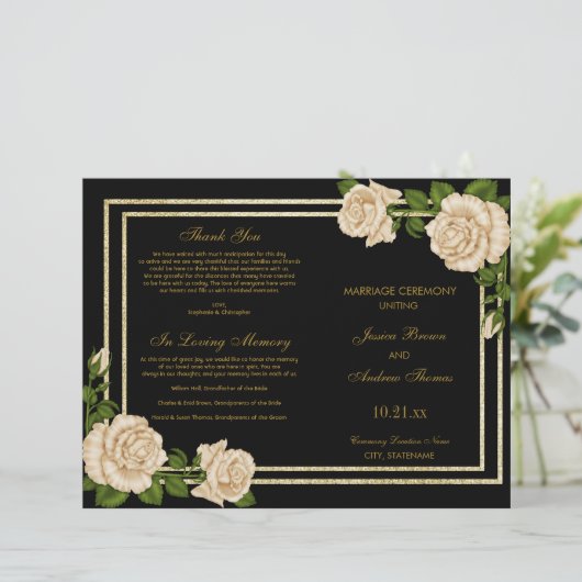 Elegant Chic Corner Ivory Rozen Wedding Programme (Staand voorkant)