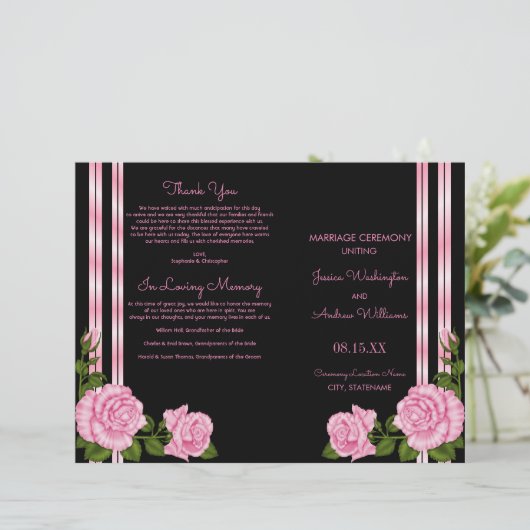 Elegant Chic Corner Rose Bouquet Wedding Programme (Staand voorkant)