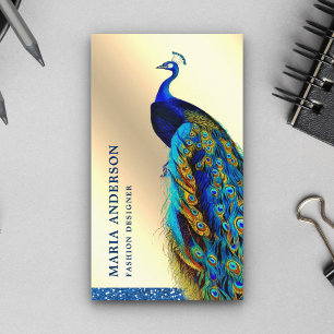 Elegant Chic Cream Gold Foil Blue Indian Peacocock Visitekaartje