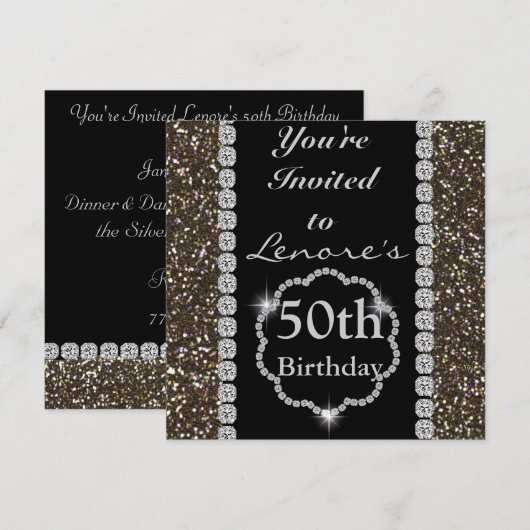 ELEGANT CHIC CUSTOM 50th Birthday Invitation BLING Kaart (Voorkant / Achterkant)