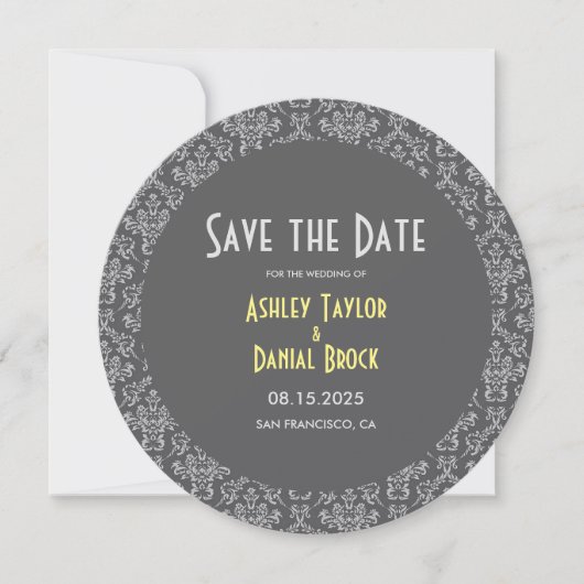 Elegant Chic Damask Art Deco Grey Formal Wedding Save The Date (Voorkant)