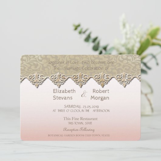 Elegant Chic Damask Wedding Uitnodiging (Staand voorkant)