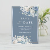Elegant Chic Dusty Blue Boho Floral Save the Date (Staand voorkant)