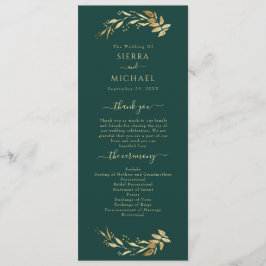 Elegant Chic Emerald Green Gold Foliage Wedding Programmakaart