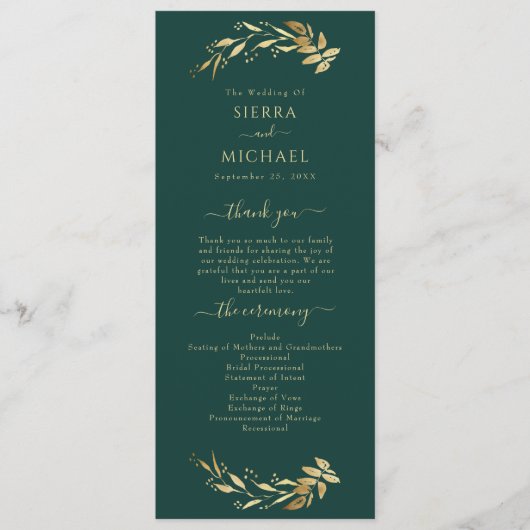 Elegant Chic Emerald Green Gold Foliage Wedding Programmakaart (Voorkant)