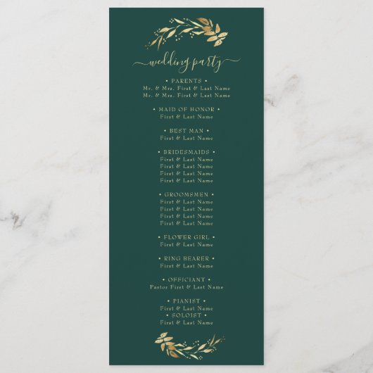 Elegant Chic Emerald Green Gold Foliage Wedding Programmakaart (Achterkant)