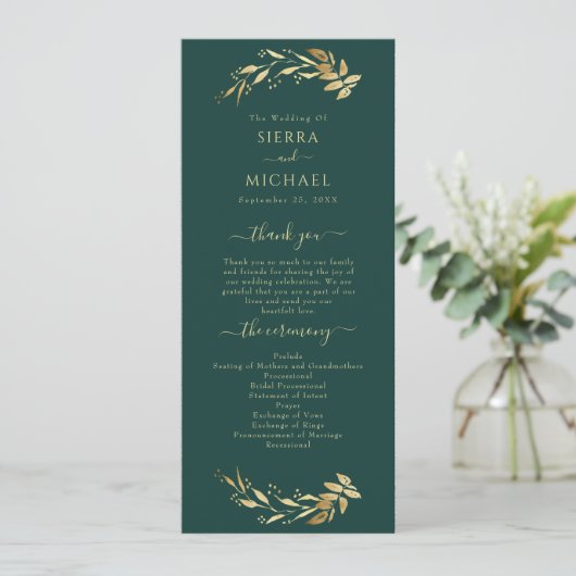 Elegant Chic Emerald Green Gold Foliage Wedding Programmakaart (Staand voorkant)