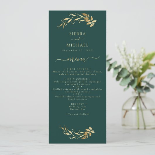 Elegant Chic Emerald Green Gold Wedding Reception Menu (Staand voorkant)