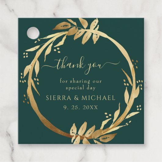 Elegant Chic Emerald Green Golden Foliage Wedding Bedankjes Labels (Voorkant)